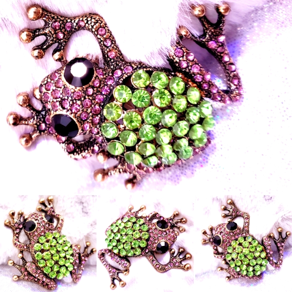 Pink and green Crystal frog brooch